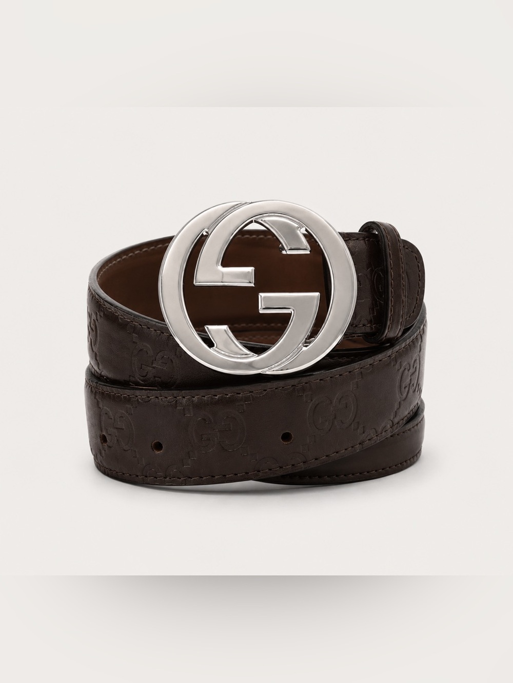 Gucci Guccissima Leather Interlocking GG Belt Brown Silver Buckle Size XL